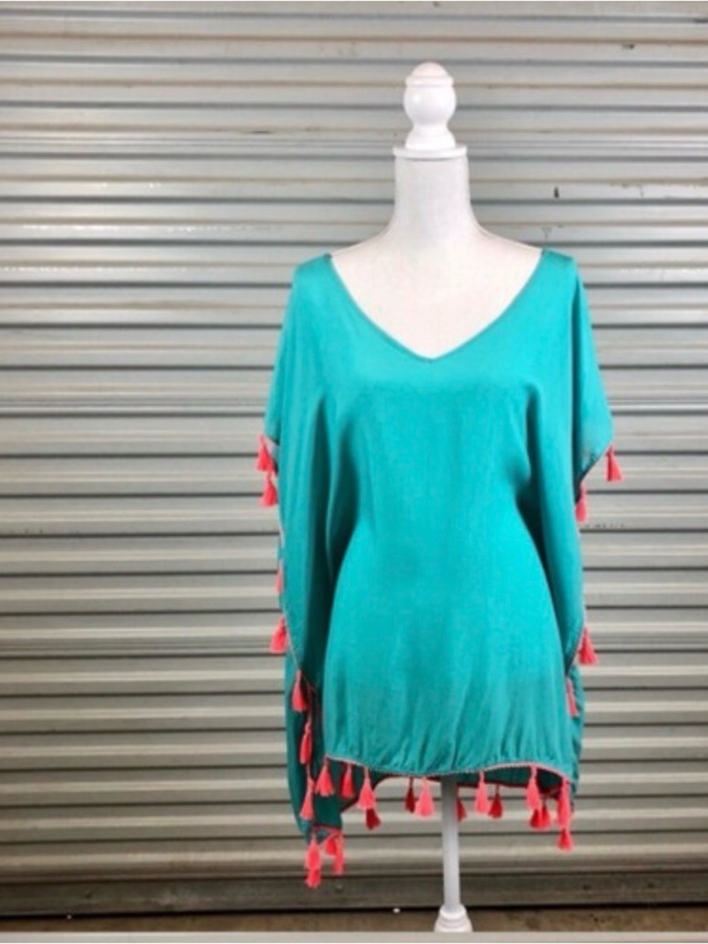 Women's Teal Swim Cover-Up with Coral Tassel Trim Small